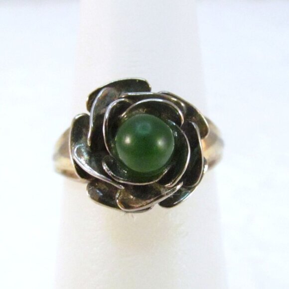 Gold Plated Sterling Silver Jade Floral Ring Signed JP Size 5.5 - Picture 1 of 15